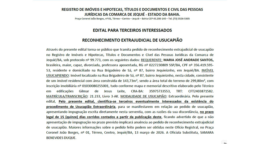  EDITAL PARA TERCEIROS INTERESSADOS RECONHECIMENTO EXTRAJUDICIAL DE USUCAPIÃO