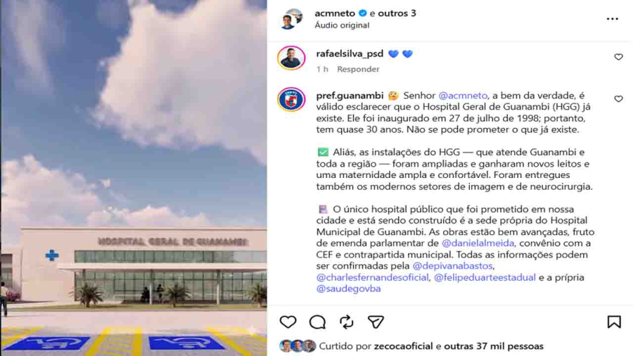 Guanambi: ACM Neto é desmentido por Prefeitura após fake news sobre hospital; Jerônimo Rodrigues é alvo de informação falsa