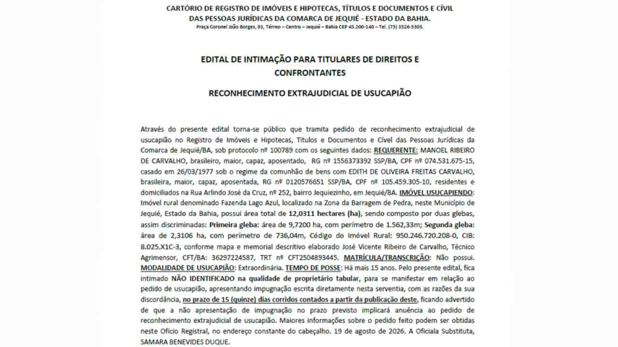 EDITAL DE INTIMAÇÃO PARA TITULARES DE DIREITOS E CONFRONTANTES RECONHECIMENTO EXTRAJUDICIAL DE USUCAPIÃO