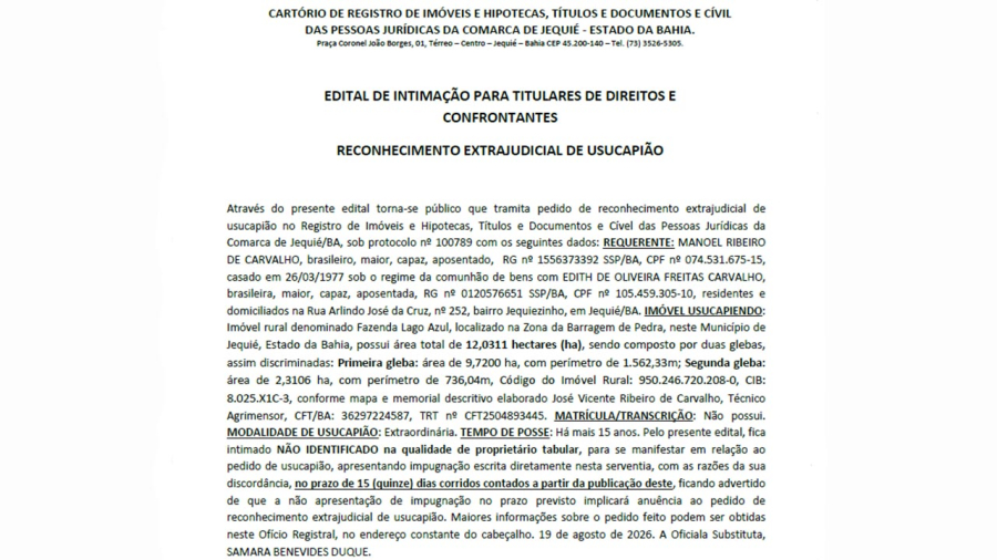EDITAL DE INTIMAÇÃO PARA TITULARES DE DIREITOS E CONFRONTANTES RECONHECIMENTO EXTRAJUDICIAL DE USUCAPIÃO
